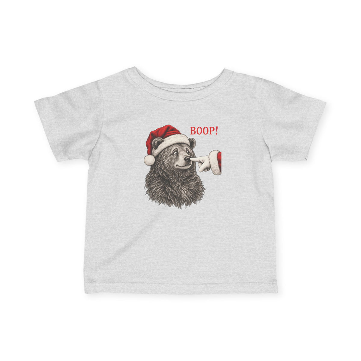 Heather Bear Boop Christmas baby t-shirt with a Santa hat bear getting booped on the nose, front view