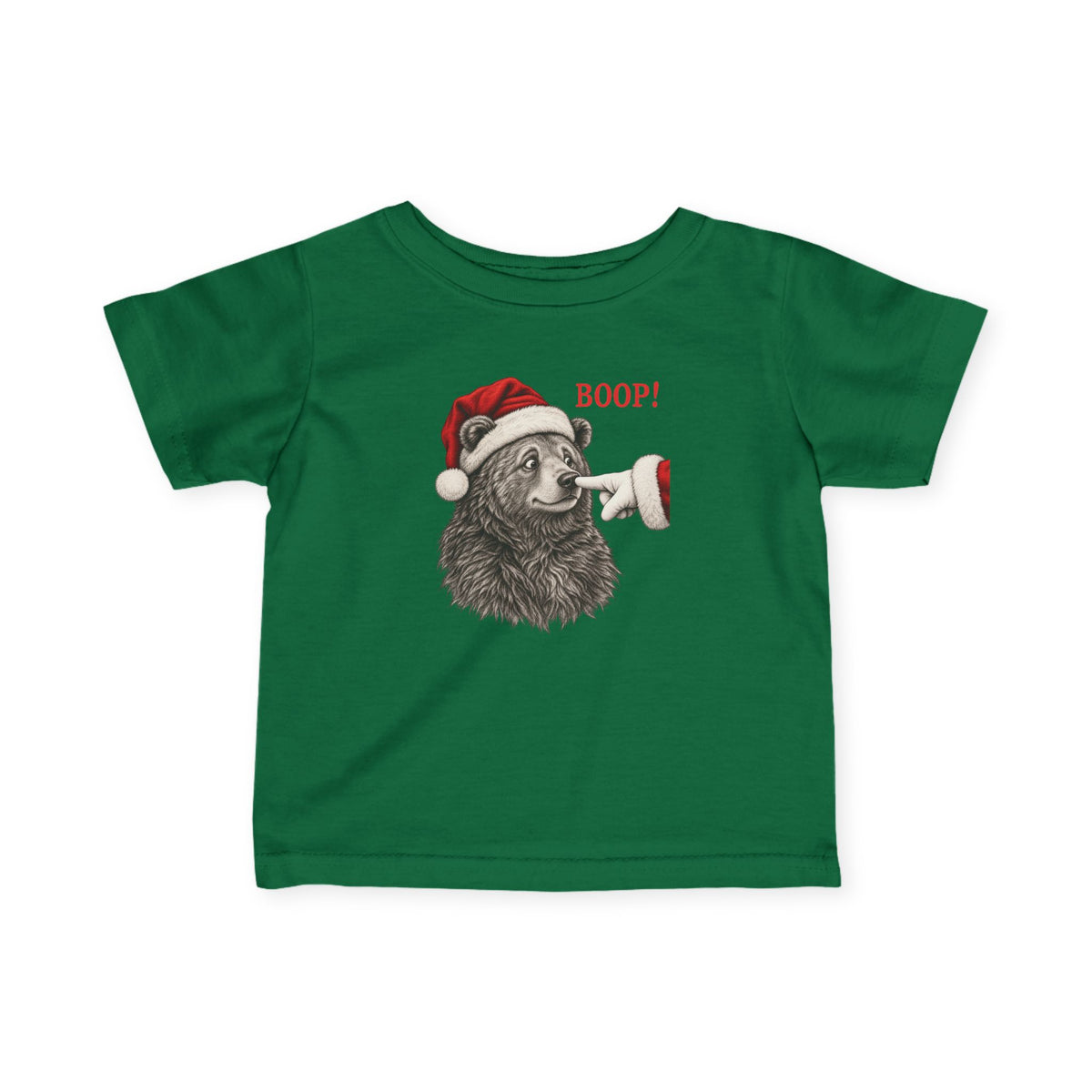 Kelly Bear Boop Christmas baby t-shirt with a Santa hat bear getting booped on the nose, front view