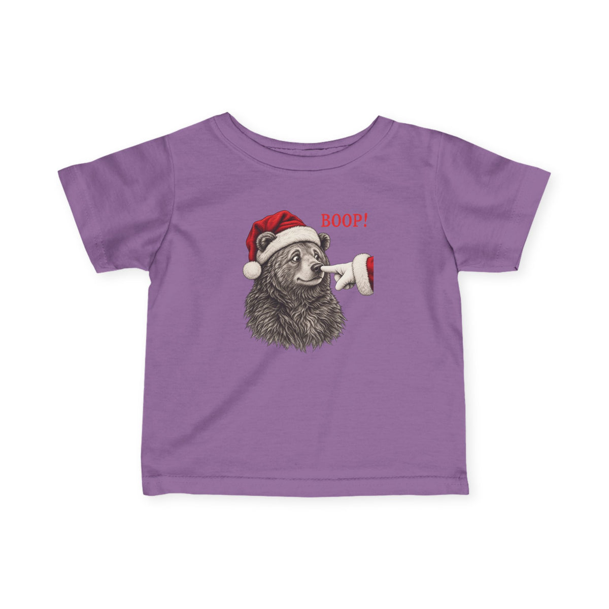 Lavender Bear Boop Christmas baby t-shirt with a Santa hat bear getting booped on the nose, front view