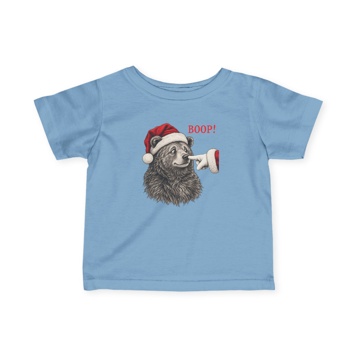 Light Blue Bear Boop Christmas baby t-shirt with a Santa hat bear getting booped on the nose, front view