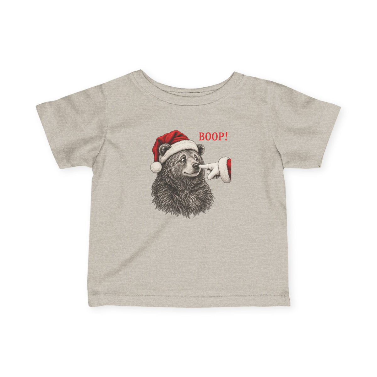 Natural Heather Bear Boop Christmas baby t-shirt with a Santa hat bear getting booped on the nose, front view