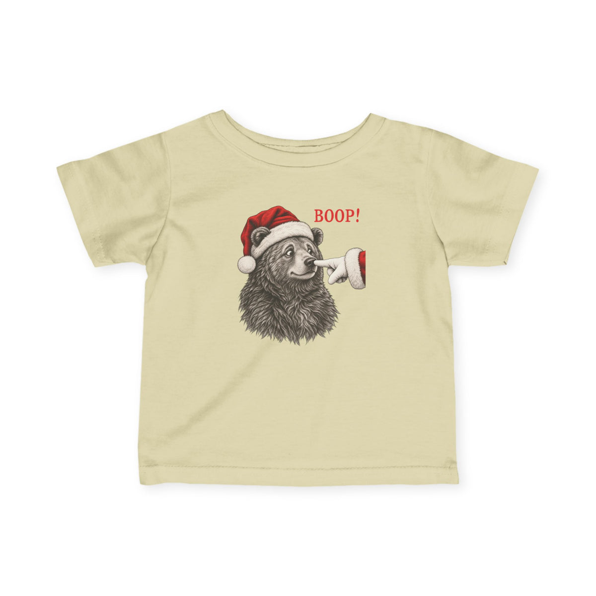 Natural Bear Boop Christmas baby t-shirt with a Santa hat bear getting booped on the nose, front view