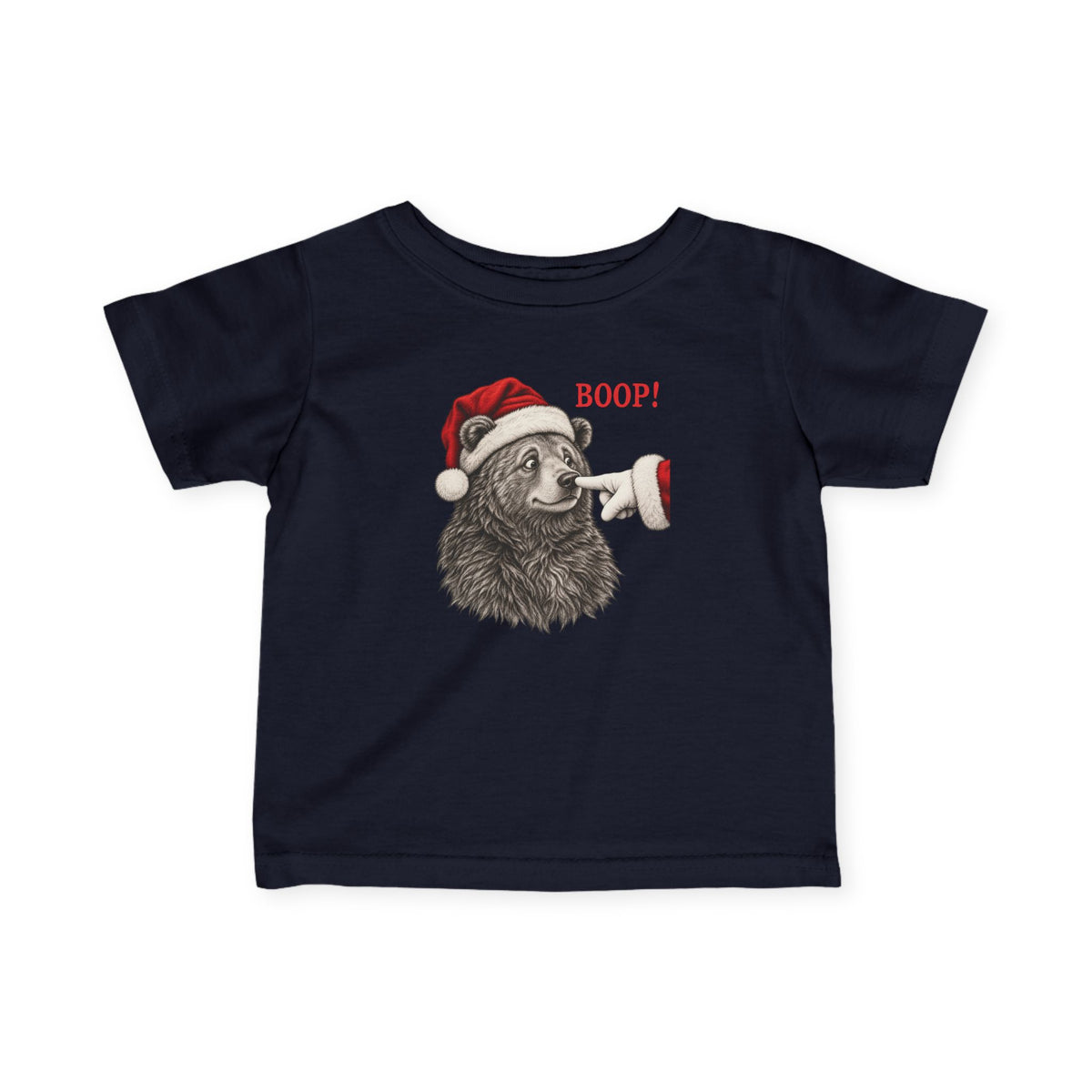 Navy Bear Boop Christmas baby t-shirt with a Santa hat bear getting booped on the nose, front view