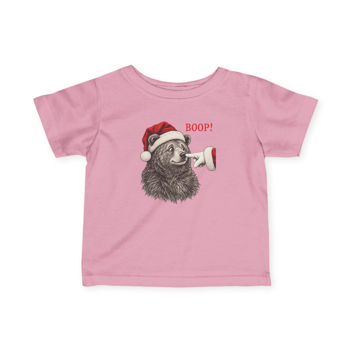 Pink Bear Boop Christmas baby t-shirt with a Santa hat bear getting booped on the nose, front view