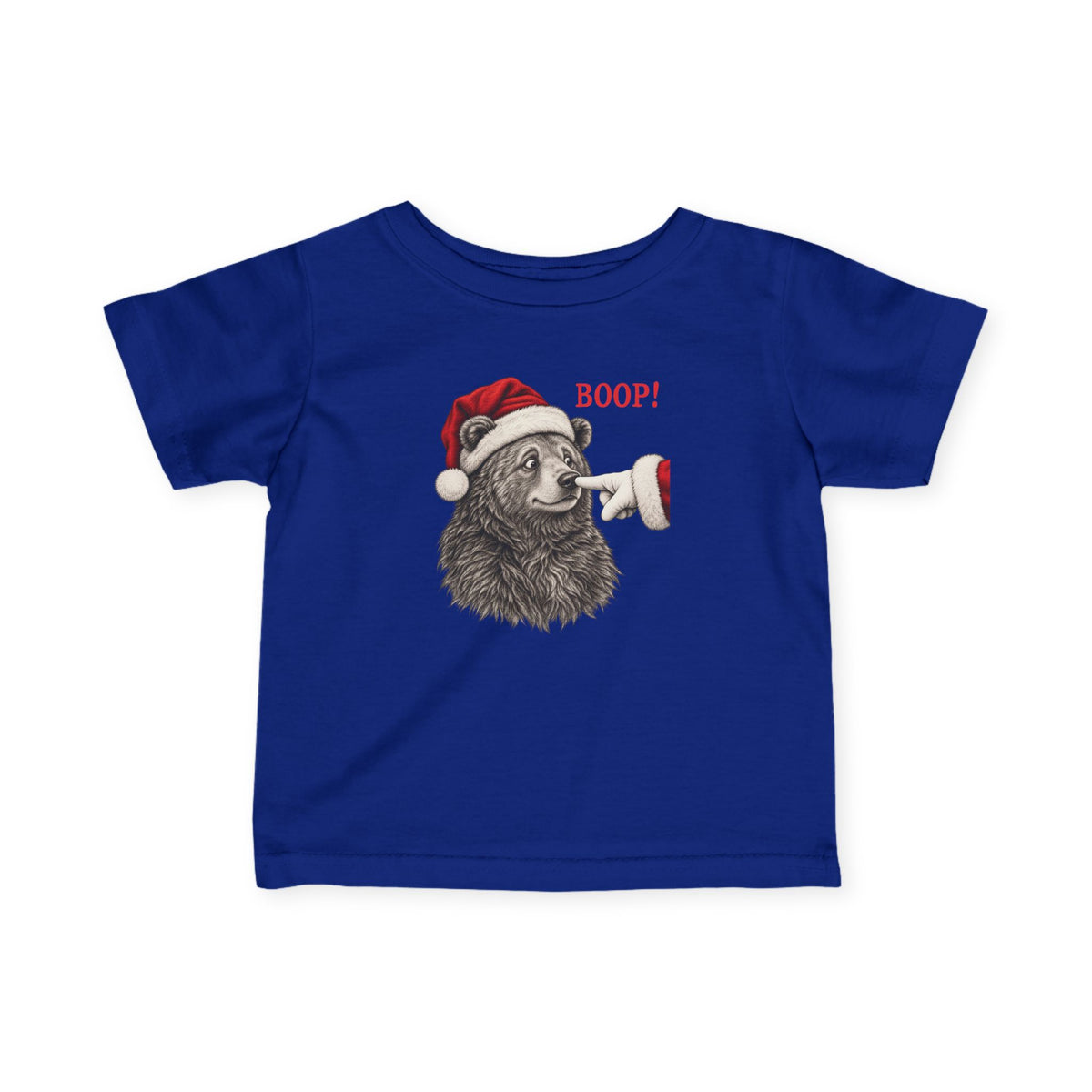 Royal Bear Boop Christmas baby t-shirt with a Santa hat bear getting booped on the nose, front view