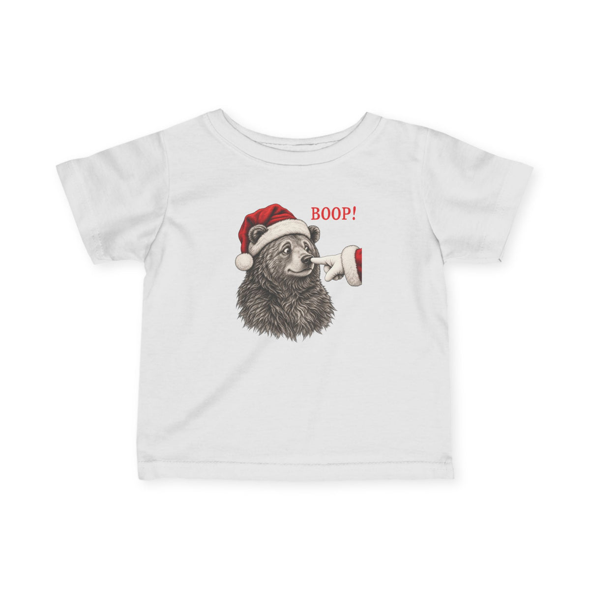 White Bear Boop Christmas baby t-shirt with a Santa hat bear getting booped on the nose, front view