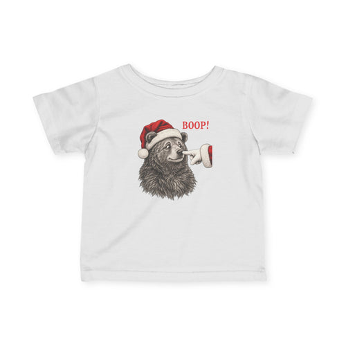 White Bear Boop Christmas baby t-shirt with a Santa hat bear getting booped on the nose, front view