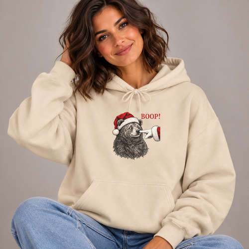 Woman wearing the Bear Boop Christmas Hoodie with jeans