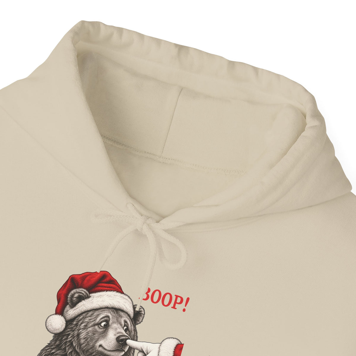 Bear Boop Christmas Hoodie, front collar close-up