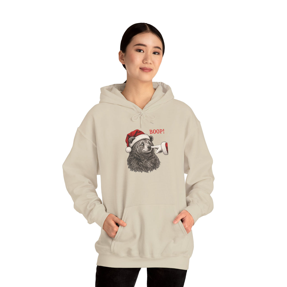 Woman wearing the Bear Boop Christmas Hoodie