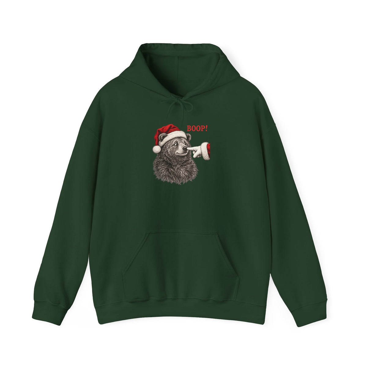 Forest Green Bear Boop Christmas hoodie with a Santa hat bear getting booped on the nose, front view