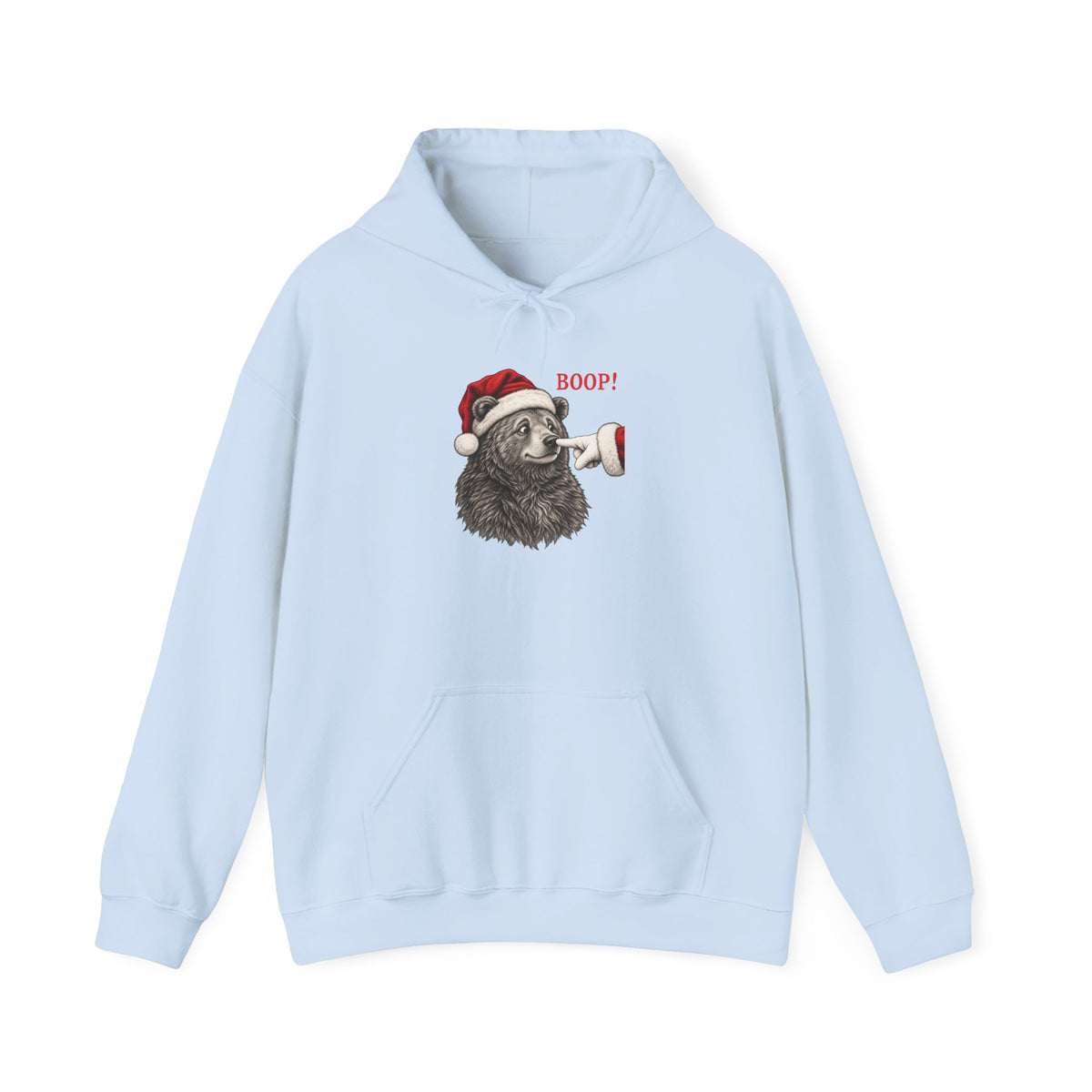 Light Blue Bear Boop Christmas hoodie with a Santa hat bear getting booped on the nose, front view