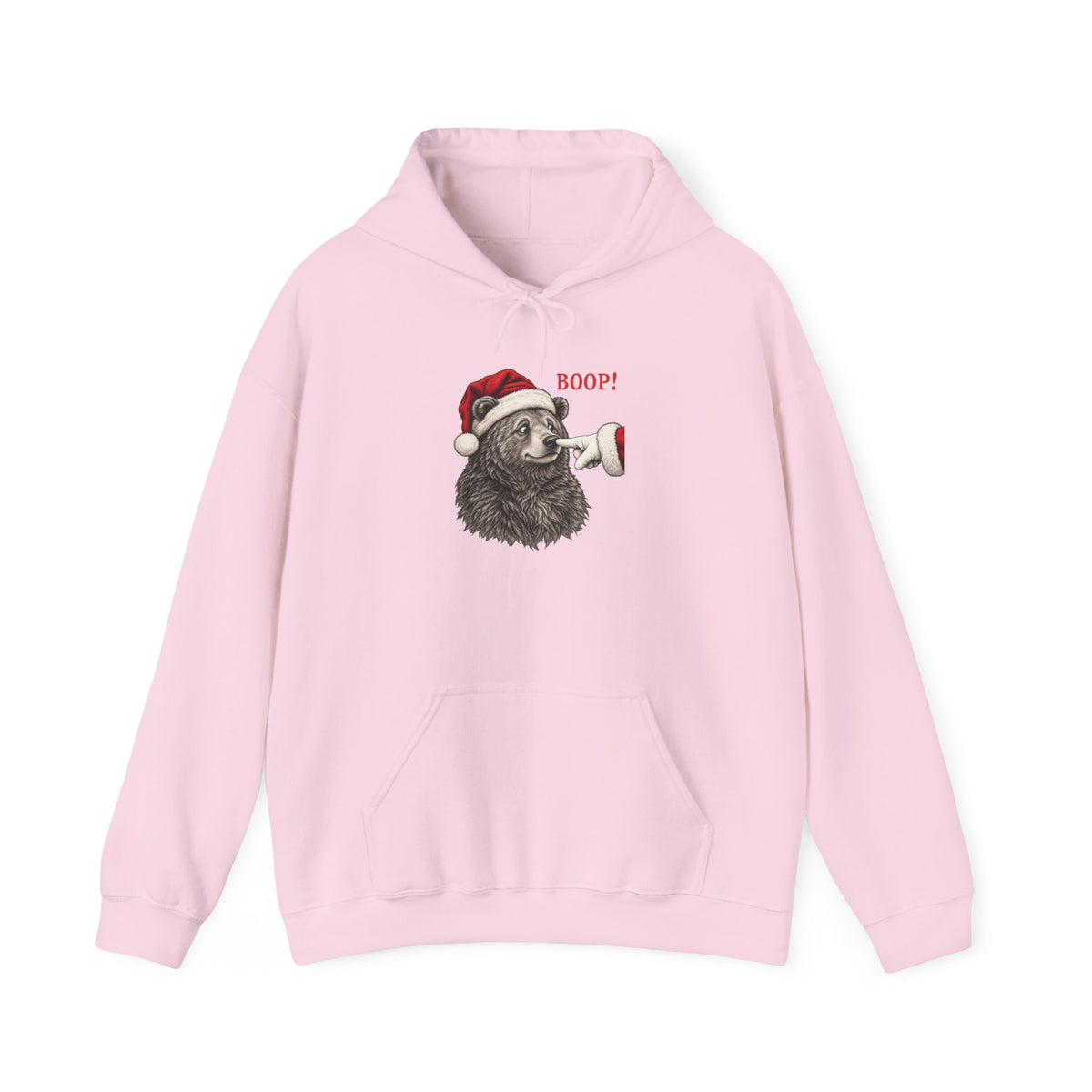 Light Pink Bear Boop Christmas hoodie with a Santa hat bear getting booped on the nose, front view