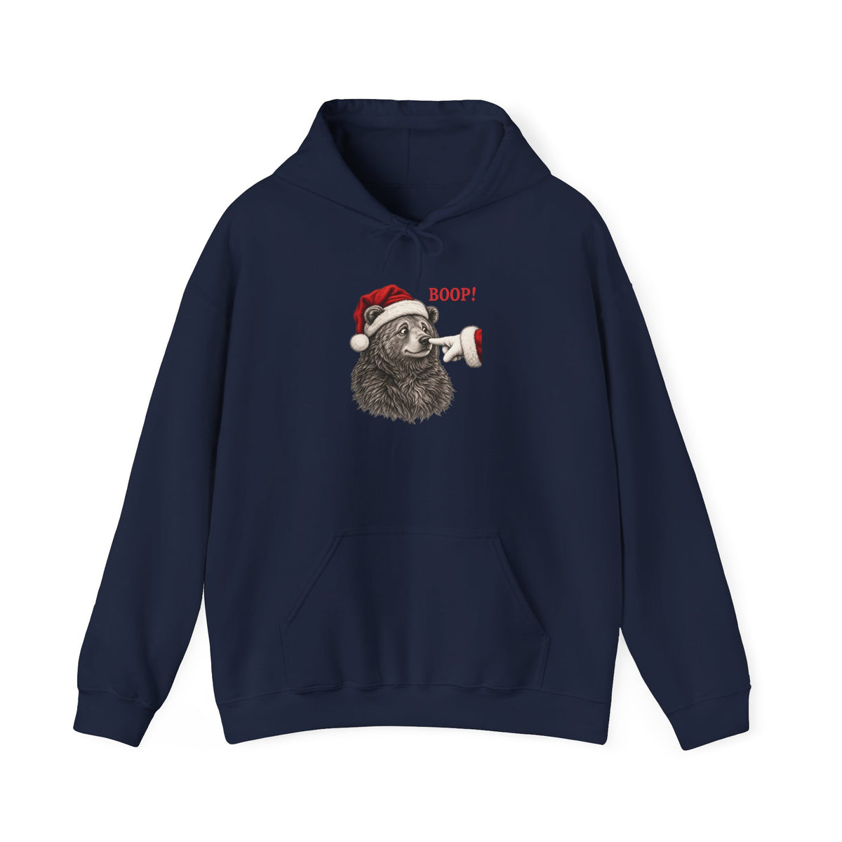 Navy Bear Boop Christmas hoodie with a Santa hat bear getting booped on the nose, front view
