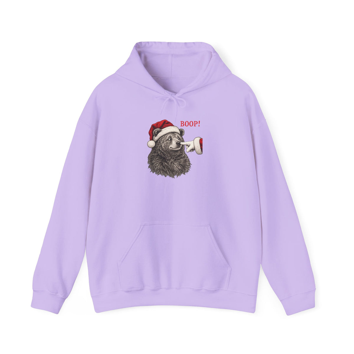 Orchid Bear Boop Christmas hoodie with a Santa hat bear getting booped on the nose, front view