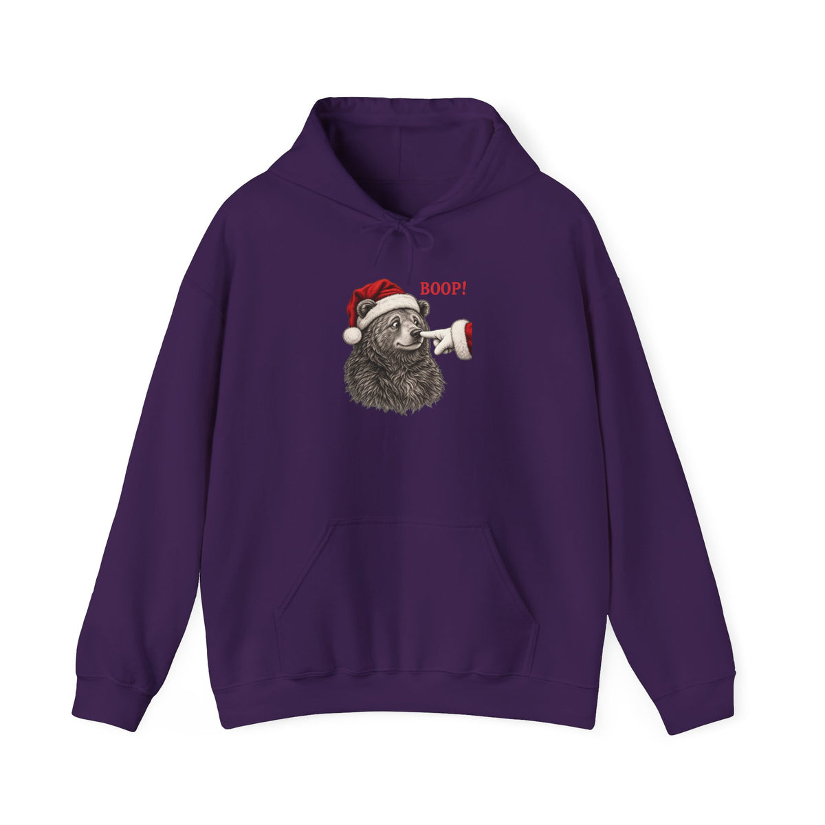Purple Bear Boop Christmas hoodie with a Santa hat bear getting booped on the nose, front view