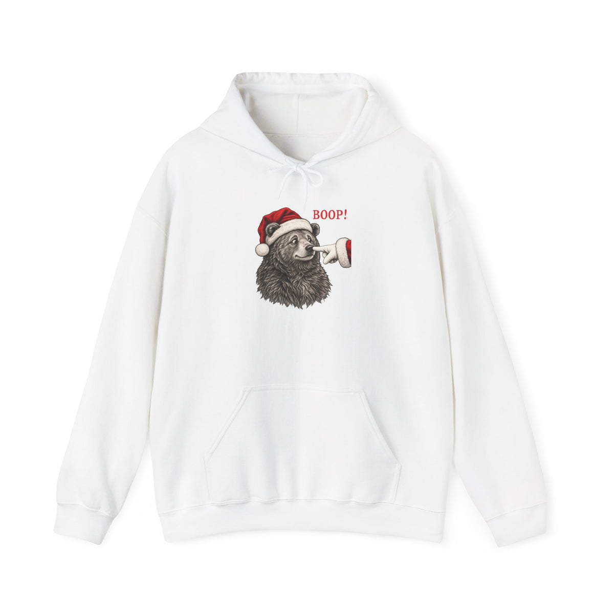 White Bear Boop Christmas hoodie with a Santa hat bear getting booped on the nose, front view