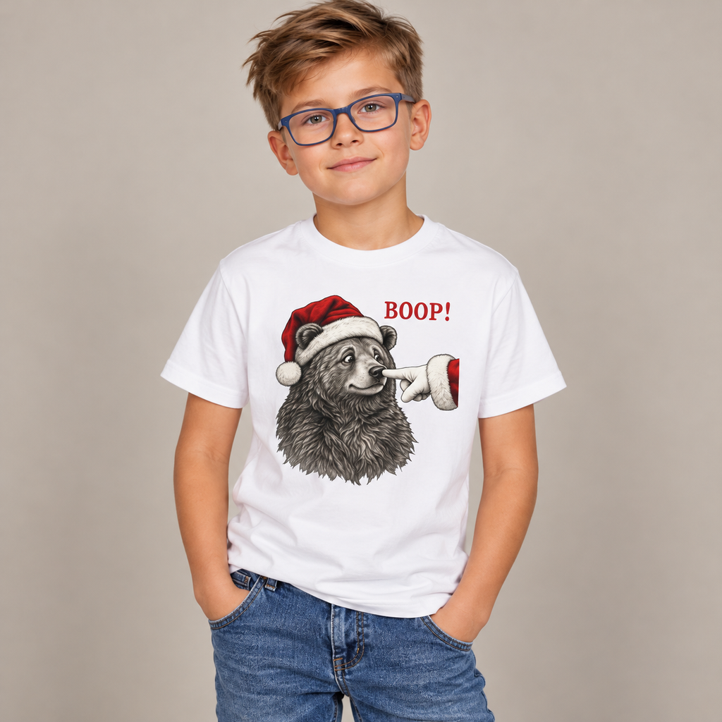 Boy wearing the Bear Boop Christmas Kids T-Shirt