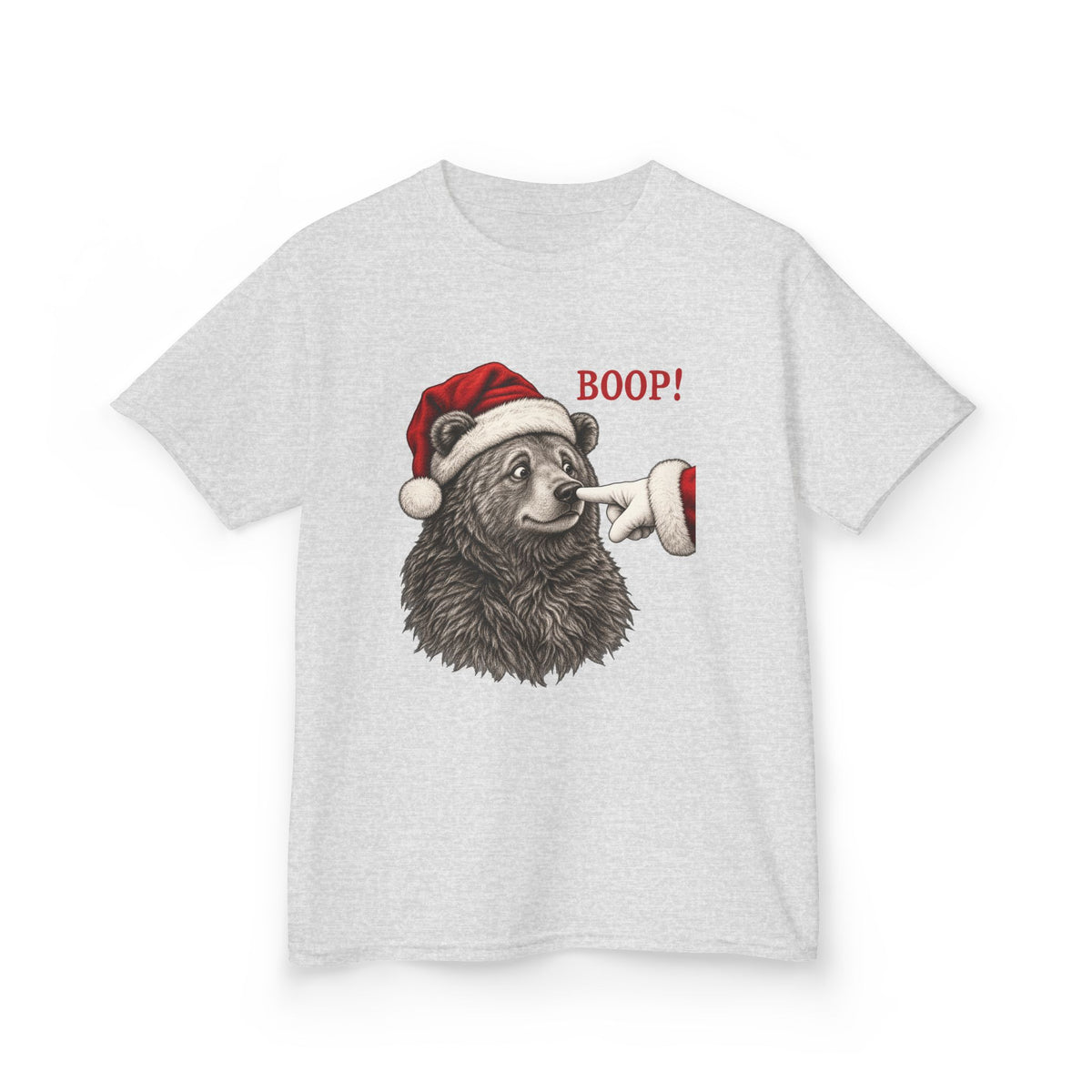 Ash Bear Boop Christmas kids t-shirt with a Santa hat bear getting booped on the nose, front view