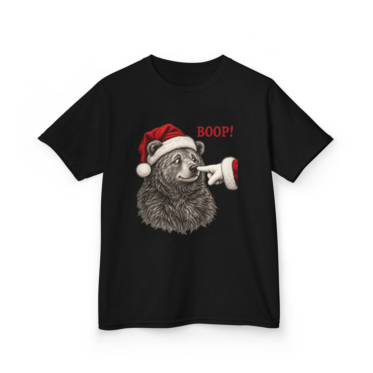 Black Bear Boop Christmas kids t-shirt with a Santa hat bear getting booped on the nose, front view