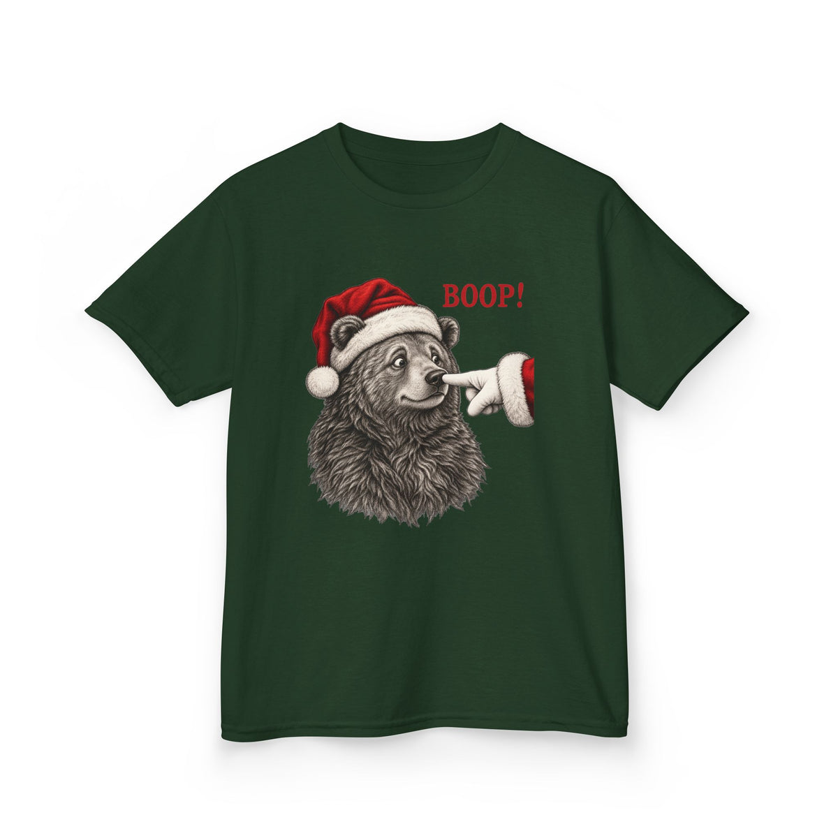 Forest Green Bear Boop Christmas kids t-shirt with a Santa hat bear getting booped on the nose, front view
