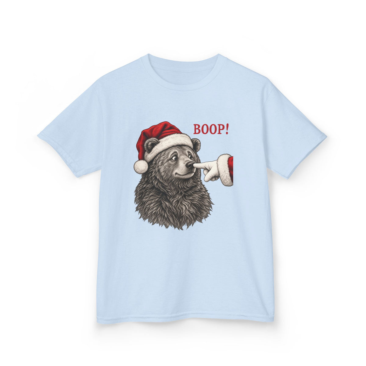 Light Blue Bear Boop Christmas kids t-shirt with a Santa hat bear getting booped on the nose, front view