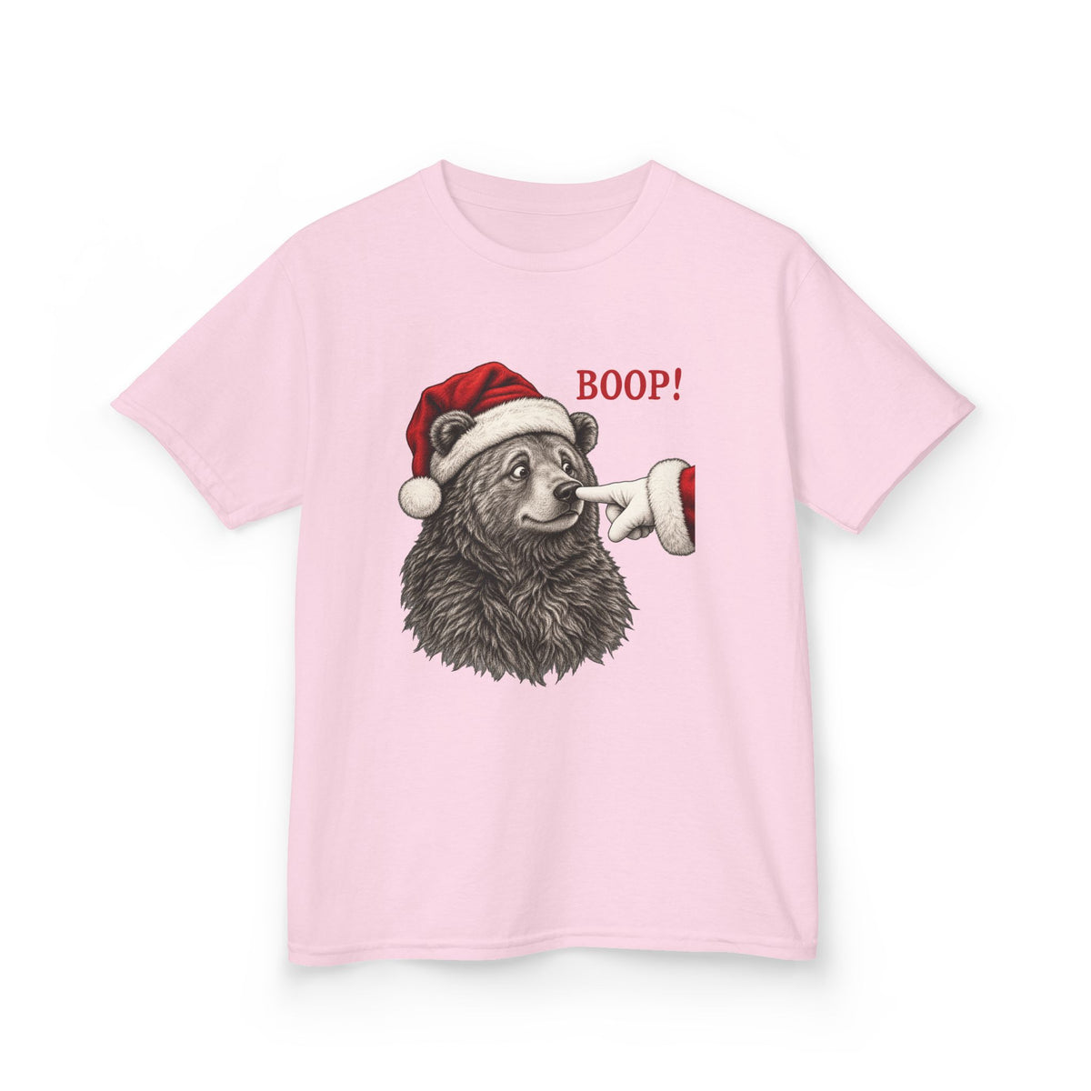 Light Pink Bear Boop Christmas kids t-shirt with a Santa hat bear getting booped on the nose, front view