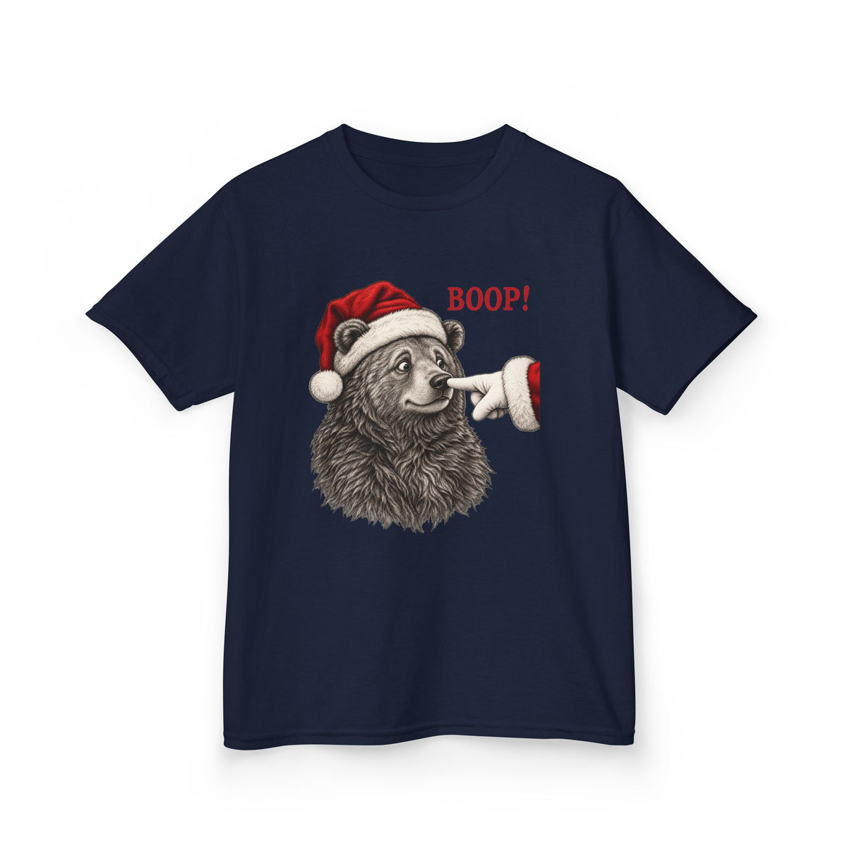 Navy Bear Boop Christmas kids t-shirt with a Santa hat bear getting booped on the nose, front view