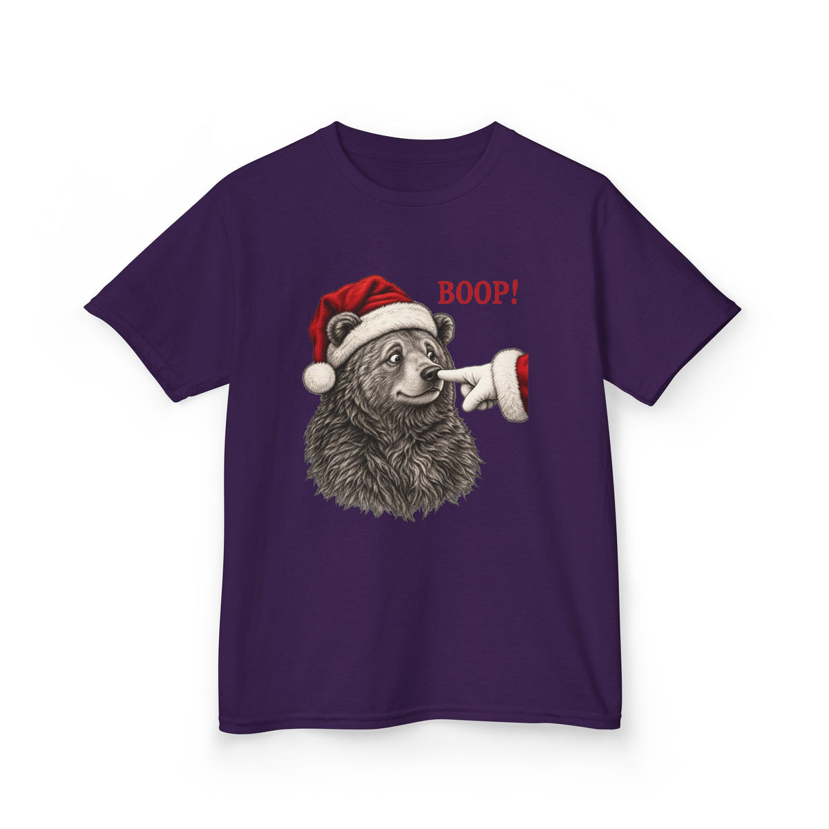Purple Bear Boop Christmas kids t-shirt with a Santa hat bear getting booped on the nose, front view