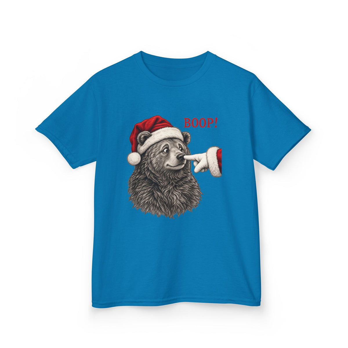 Sapphire Bear Boop Christmas kids t-shirt with a Santa hat bear getting booped on the nose, front view