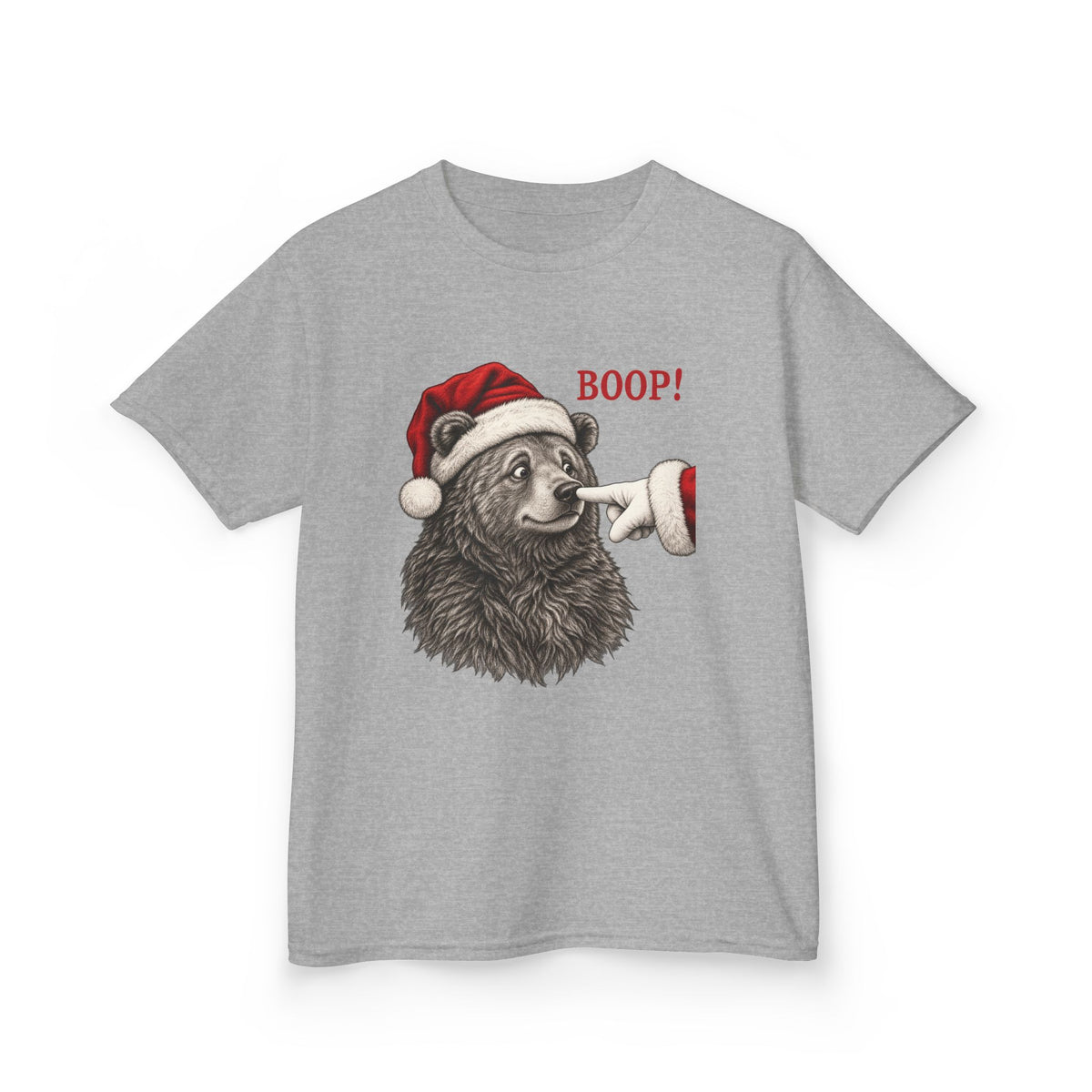 Sport Grey Bear Boop Christmas kids t-shirt with a Santa hat bear getting booped on the nose, front view