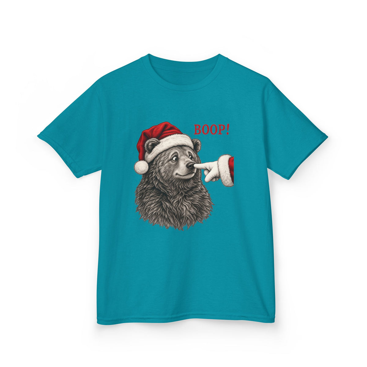 Tropical Blue Bear Boop Christmas kids t-shirt with a Santa hat bear getting booped on the nose, front view