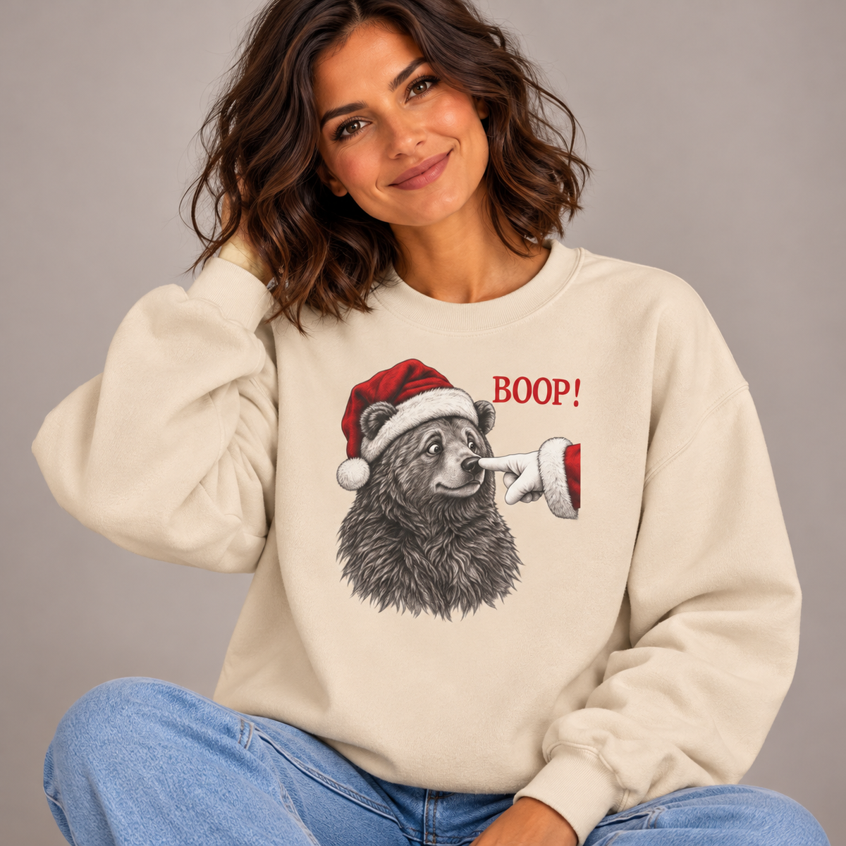Woman wearing the Bear Boop Christmas Sweatshirt with jeans
