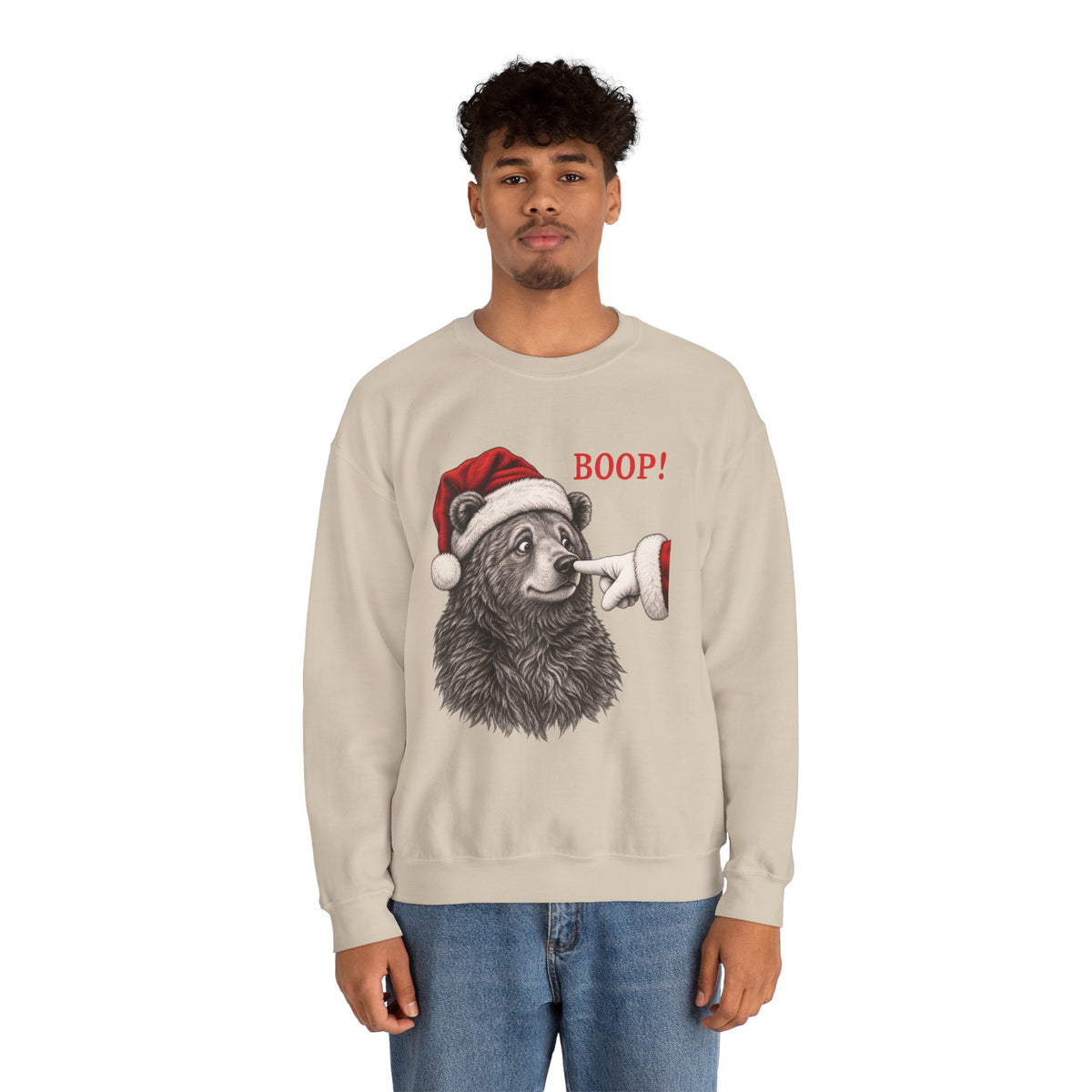Man wearing the Bear Boop Christmas Sweatshirt