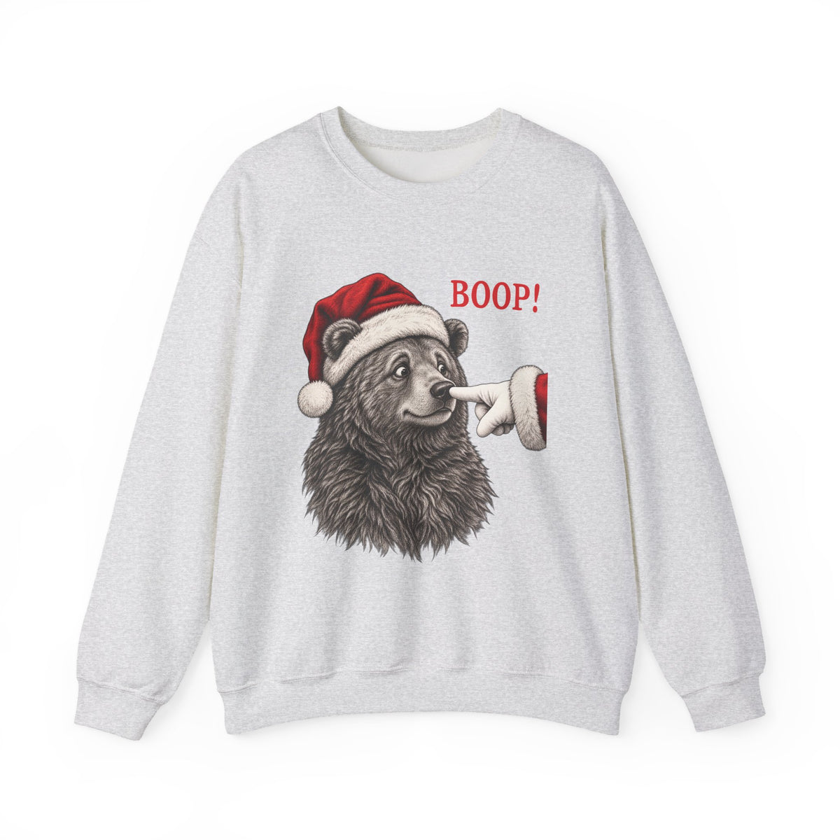 Ash Bear Boop Christmas sweatshirt with a Santa hat bear getting booped on the nose, front view