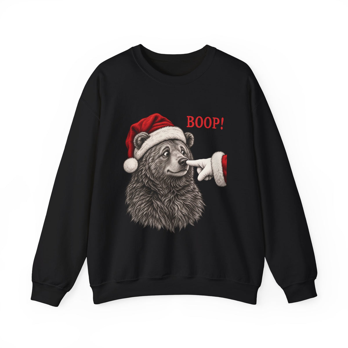 Black Bear Boop Christmas sweatshirt with a Santa hat bear getting booped on the nose, front view