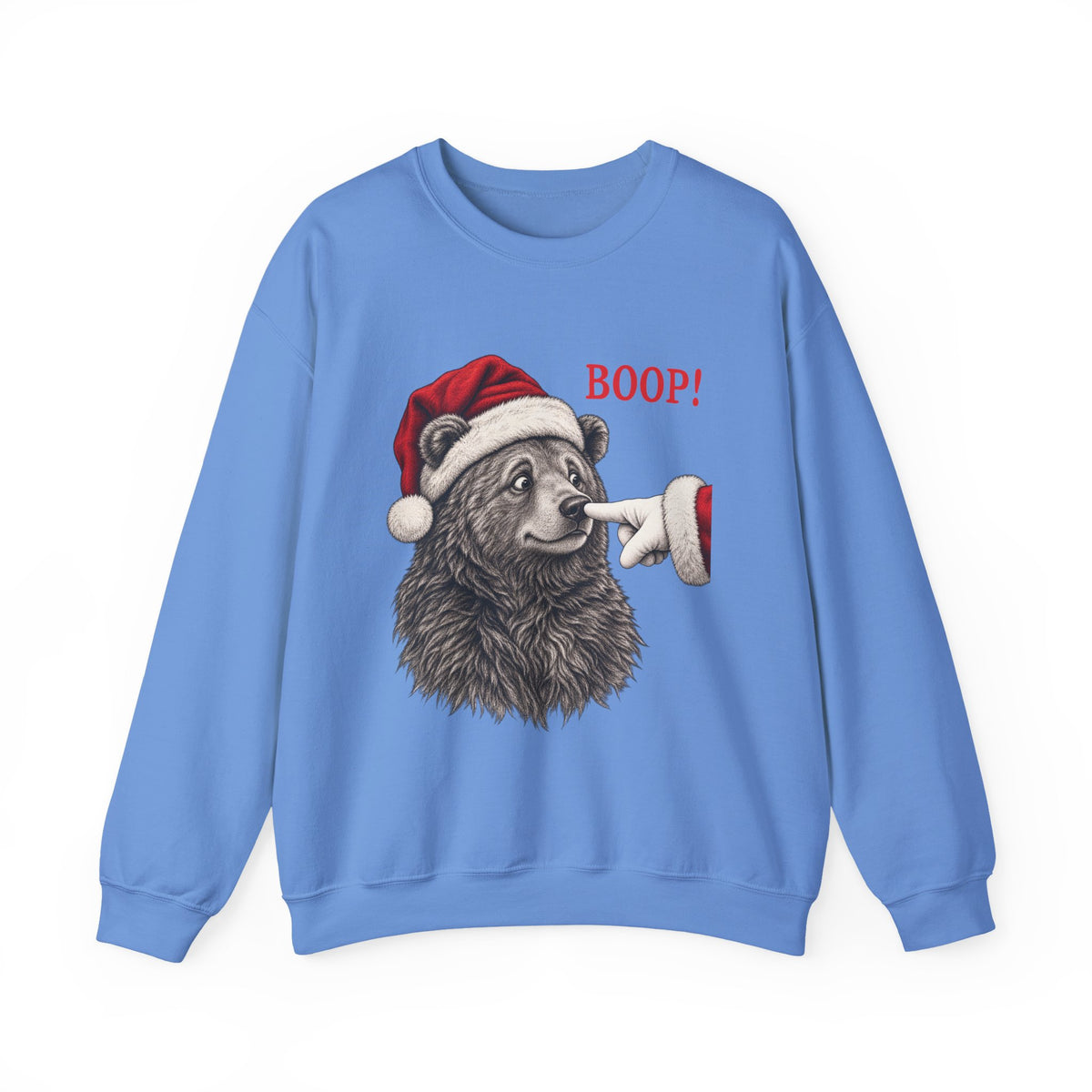 Carolina Blue Bear Boop Christmas sweatshirt with a Santa hat bear getting booped on the nose, front view