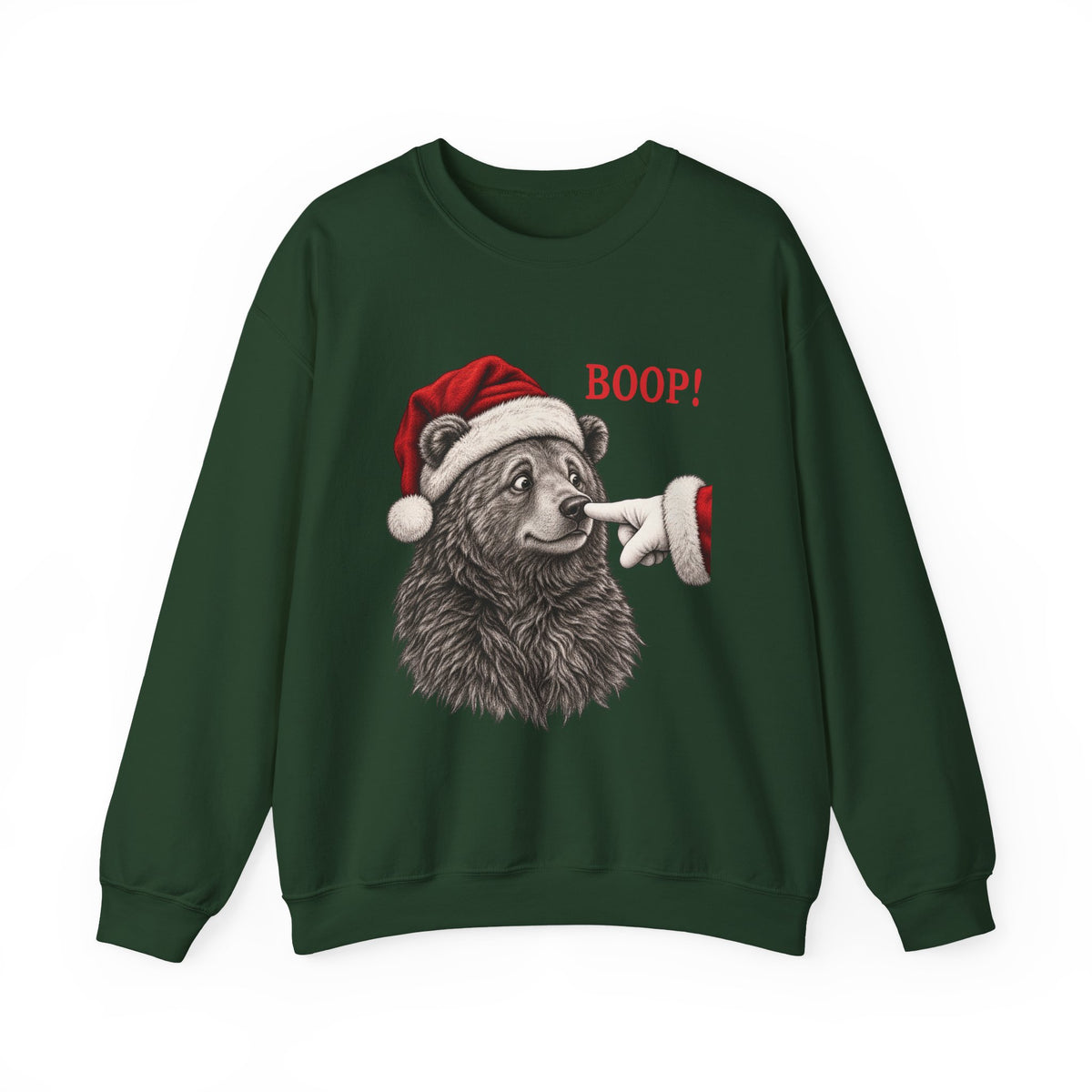 Forest Green Bear Boop Christmas sweatshirt with a Santa hat bear getting booped on the nose, front view