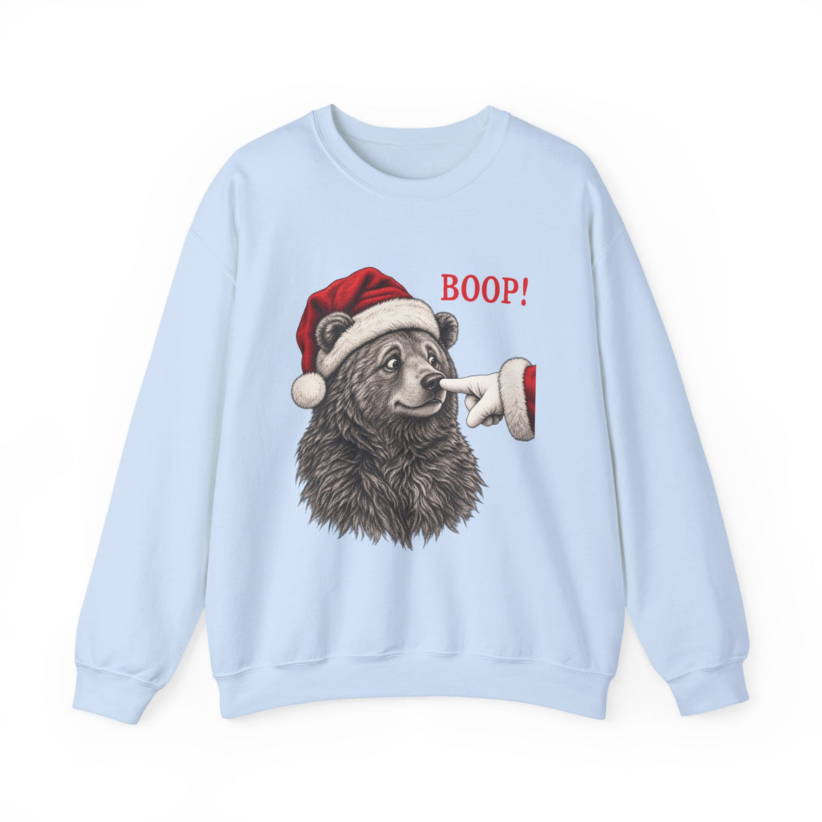 Light Blue Bear Boop Christmas sweatshirt with a Santa hat bear getting booped on the nose, front view