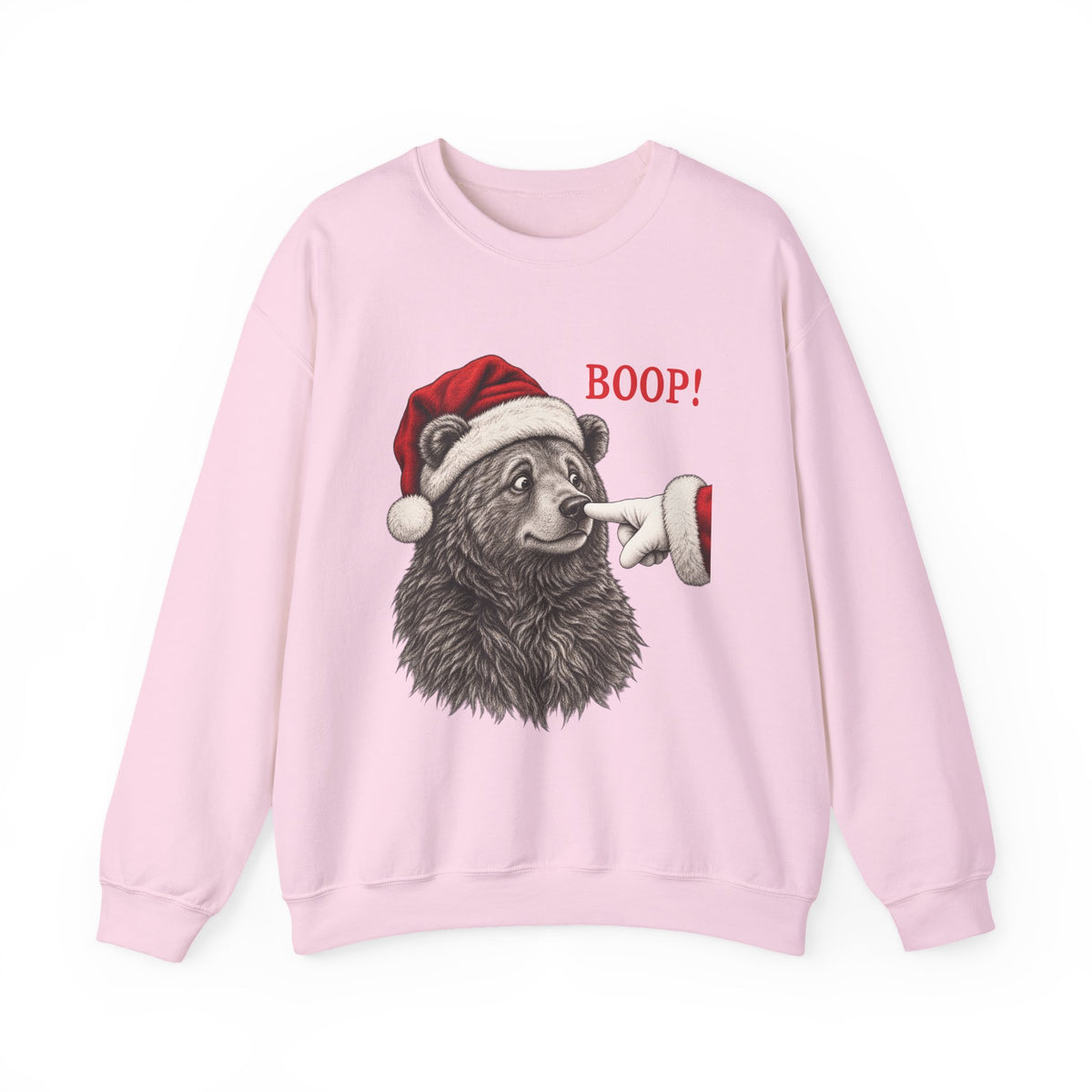 Light Pink Bear Boop Christmas sweatshirt with a Santa hat bear getting booped on the nose, front view