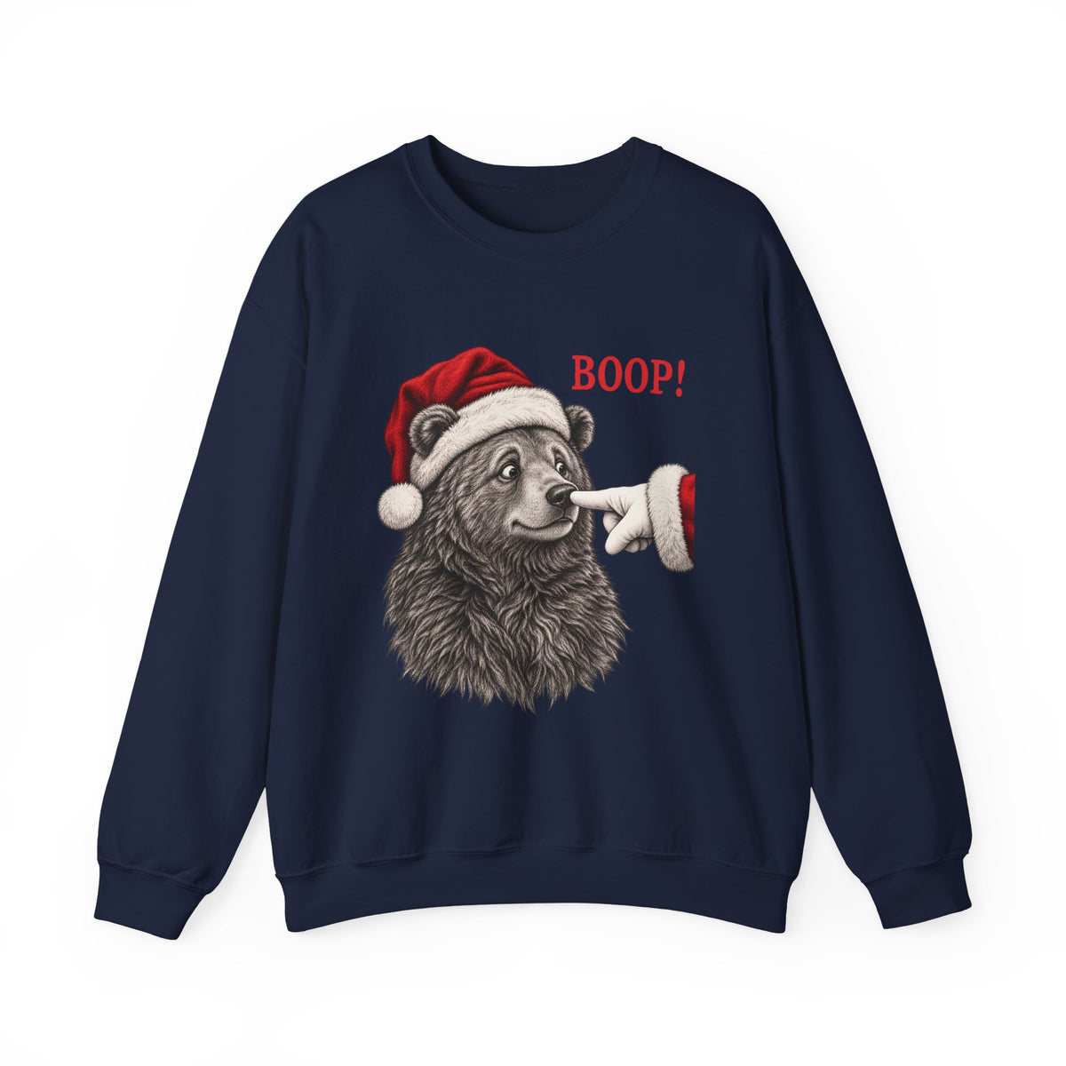 Navy Bear Boop Christmas sweatshirt with a Santa hat bear getting booped on the nose, front view