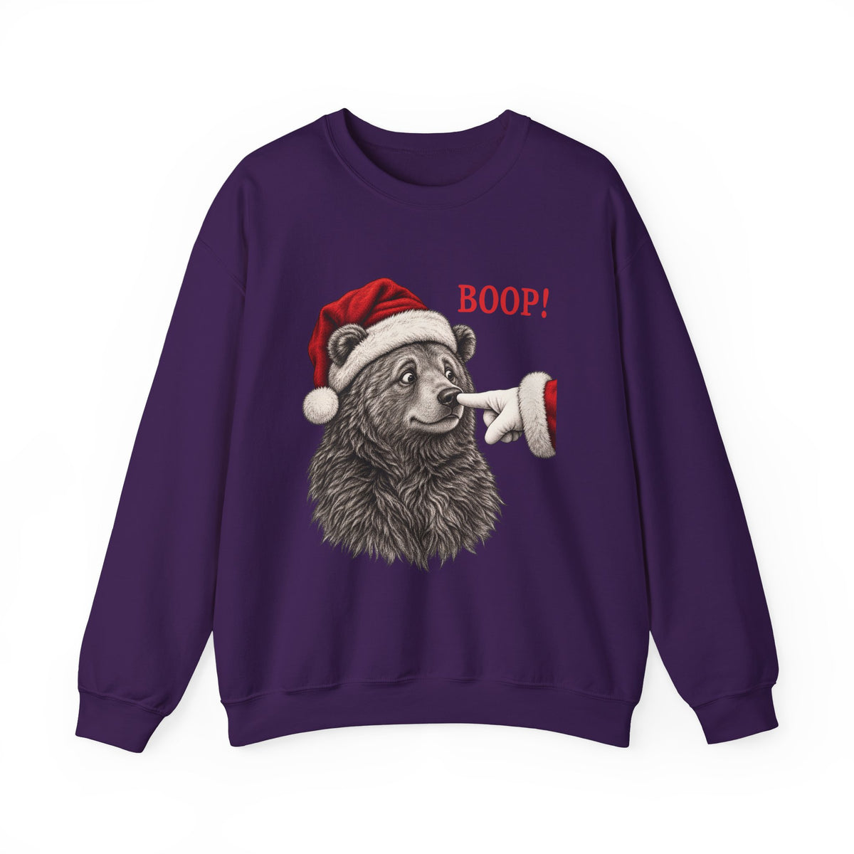 Purple Bear Boop Christmas sweatshirt with a Santa hat bear getting booped on the nose, front view