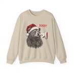 Sand Bear Boop Christmas sweatshirt with a Santa hat bear getting booped on the nose, front view