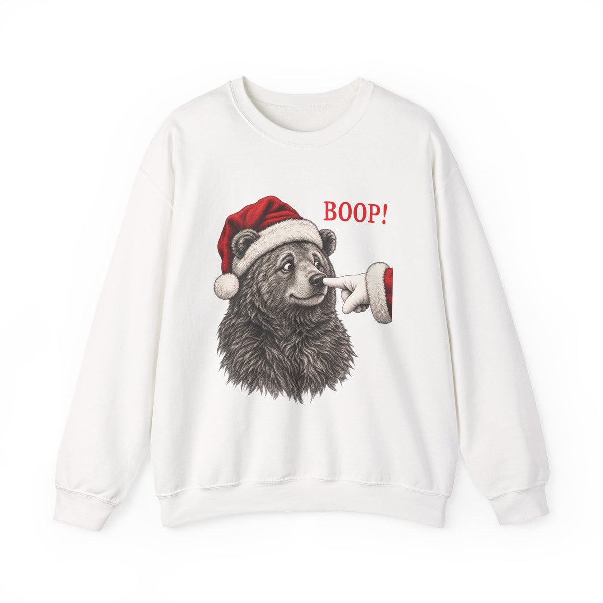 White Bear Boop Christmas sweatshirt with a Santa hat bear getting booped on the nose, front view