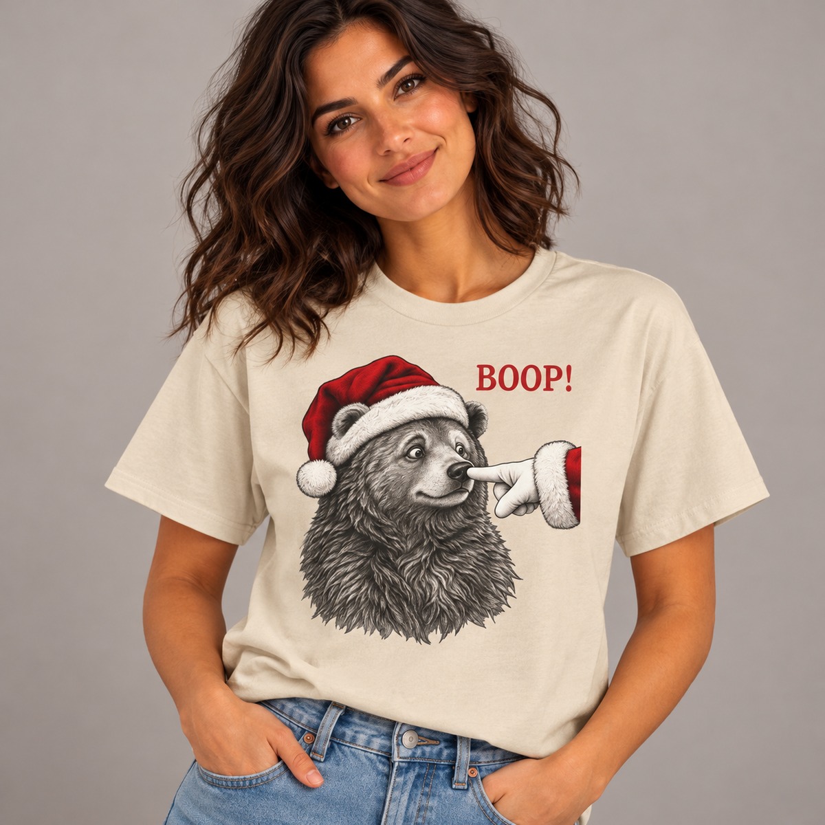 Woman wearing the Bear Boop Christmas T-Shirt with jeans