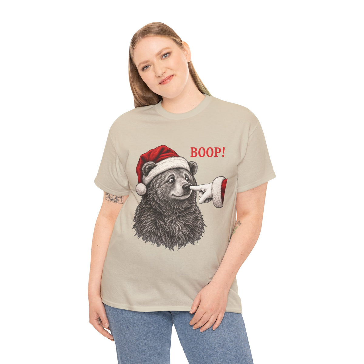 Woman wearing the Bear Boop Christmas T-Shirt, smiling