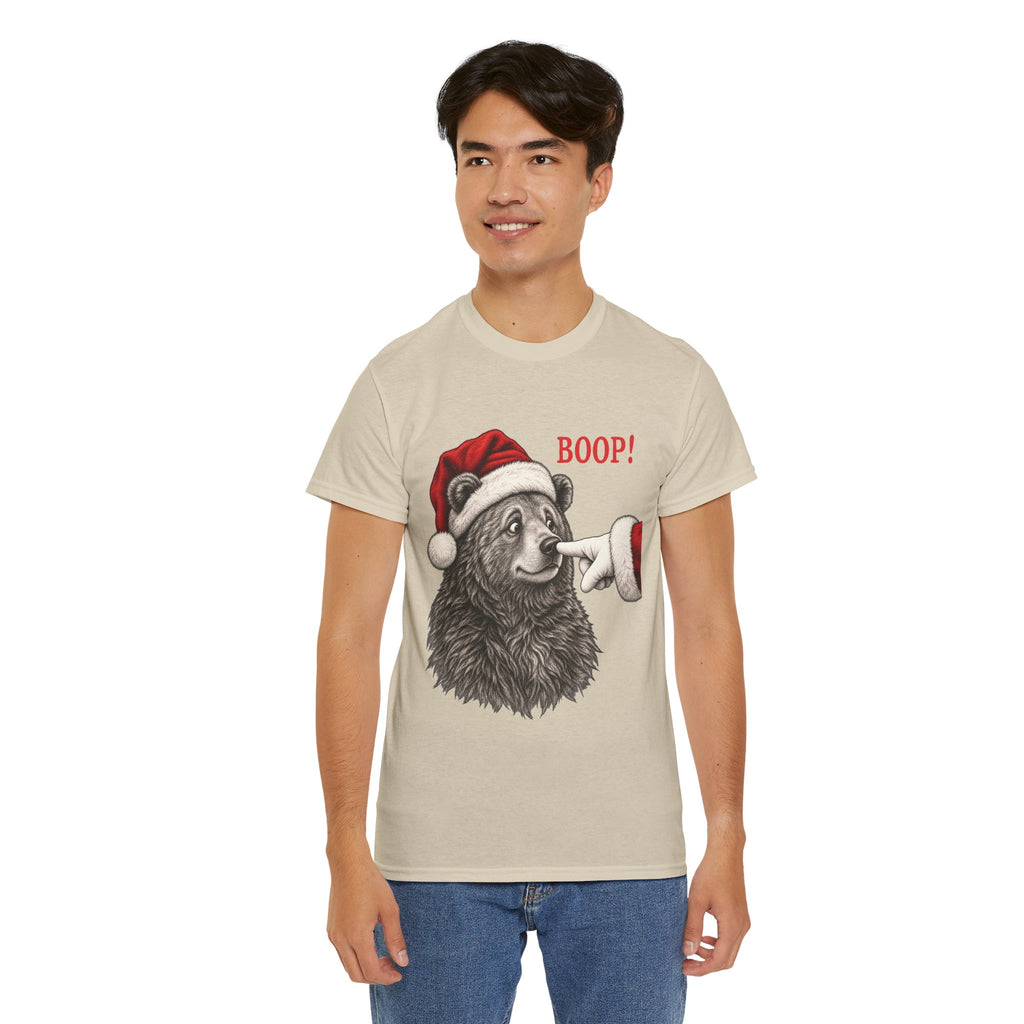 Man wearing the Bear Boop Christmas T-Shirt, front view