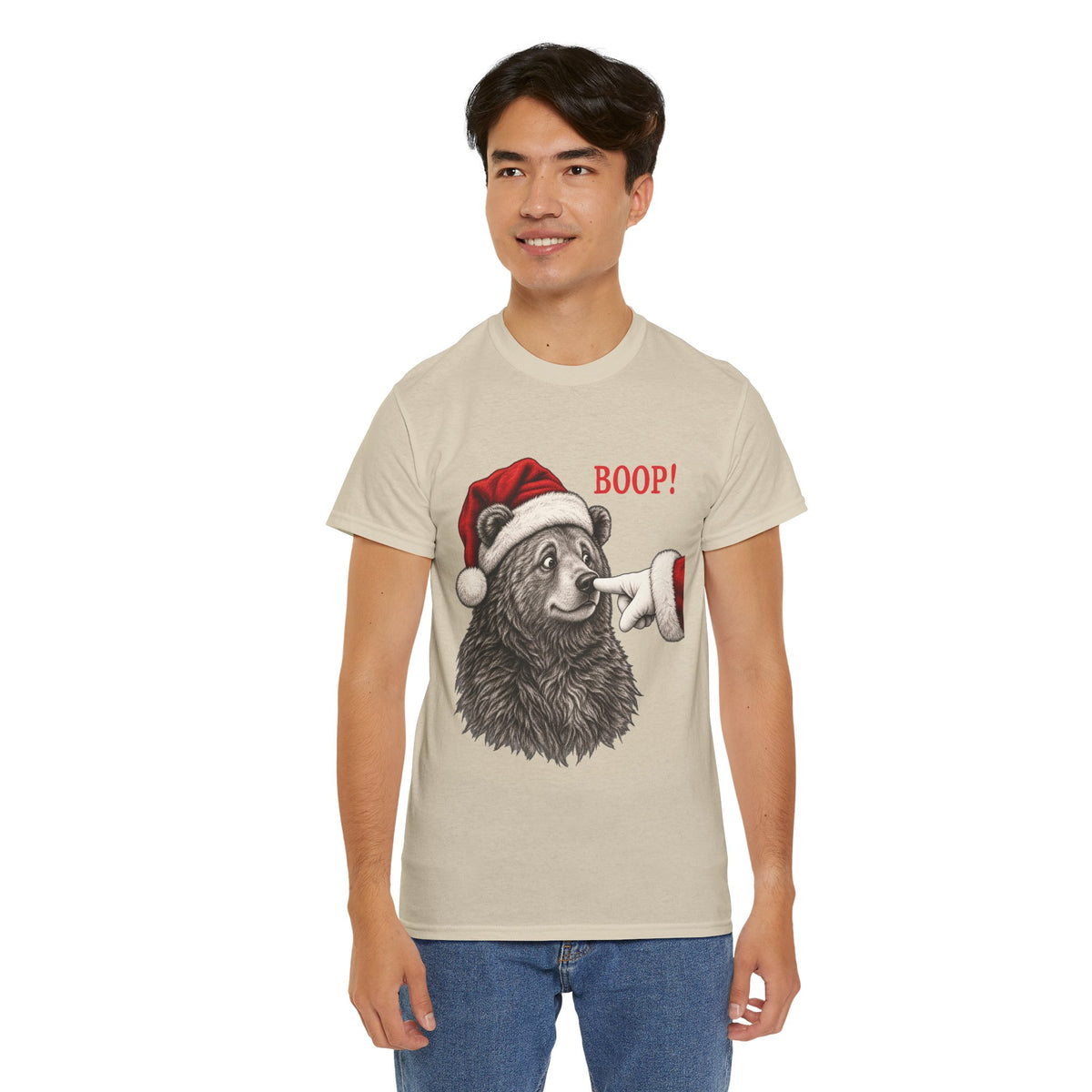 Man wearing the Bear Boop Christmas T-Shirt, front view
