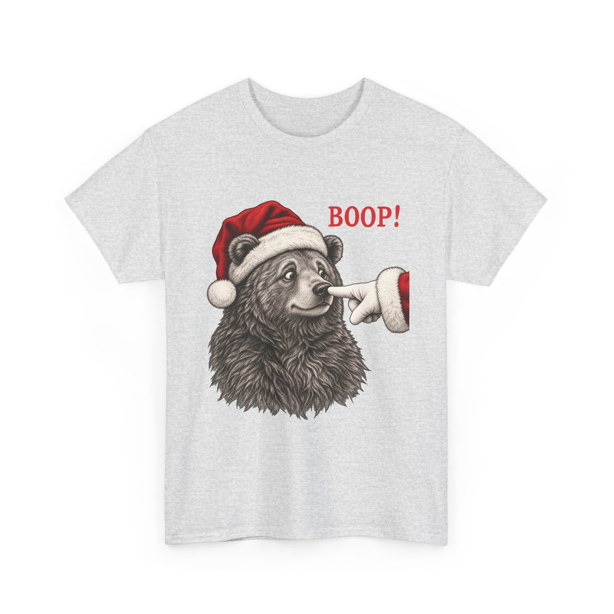 Ash Bear Boop Christmas t-shirt with a Santa hat bear getting booped on the nose, front view