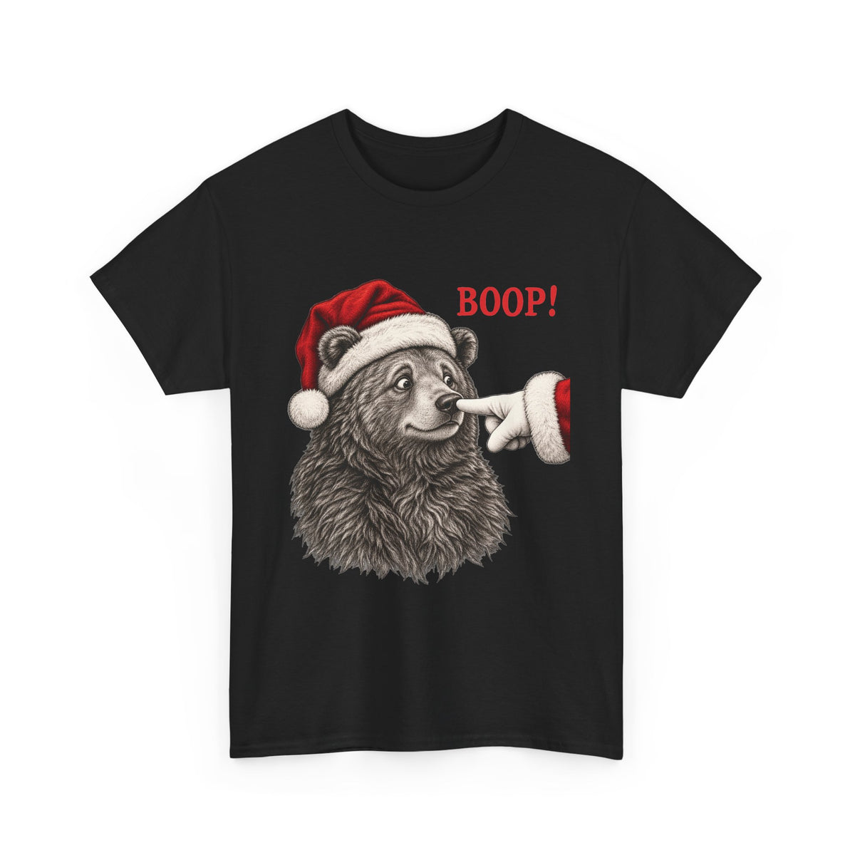 Black Bear Boop Christmas t-shirt with a Santa hat bear getting booped on the nose, front view